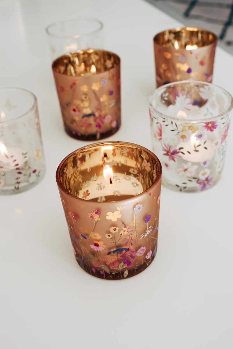 Theelichthouder bloemen roze - Niet doorzichtig Glas - 7x8cm - Maison Des Bonheurs
