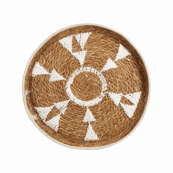 Ronde wanddecoratie riet met wit patroon