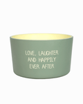 Citronella buitenkaars met quote - Love, laughter, happily ever after