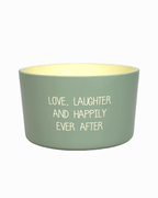 Citronella buitenkaars met quote - Love, laughter, happily ever after