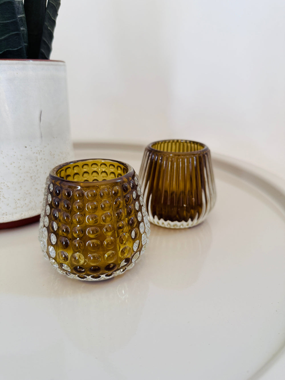 Set theelichthouders groen glas – 2 stuks