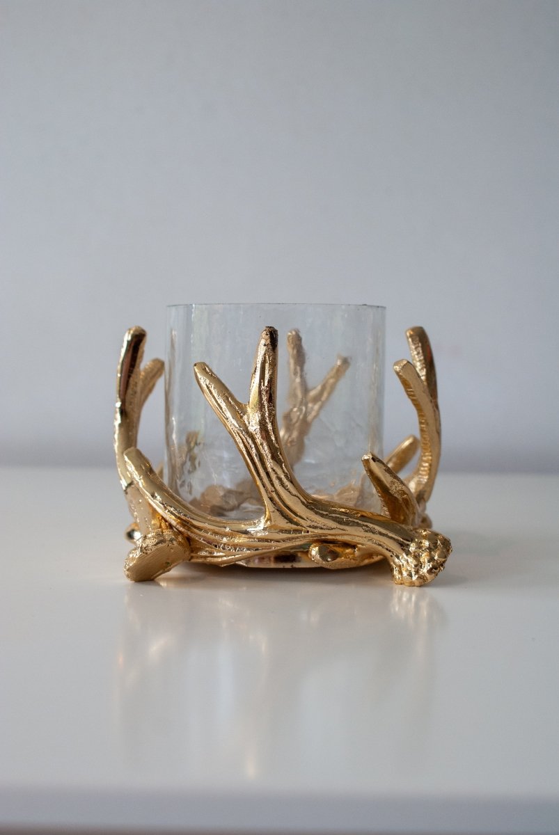 Theelichthouder met hertengewei champagne goud | 17 cm | Mars & More - Maison Des Bonheurs